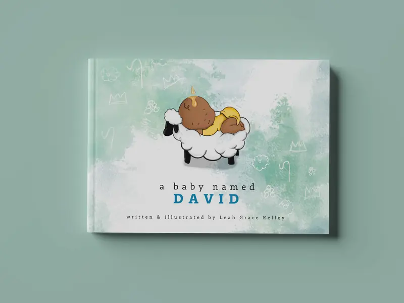 A Baby Named David by Leah Grace Kelley, a landscape picture book with a sleeping baby on a lamb, on a teal background
