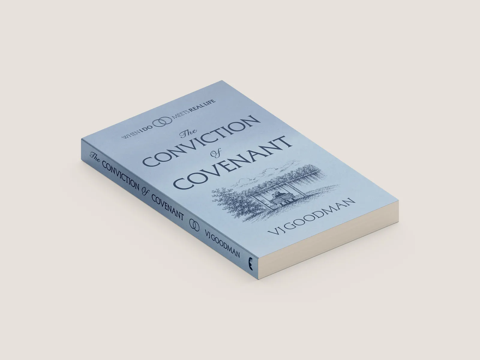 The Conviction of Covenant by Valerie Goodman, light blue paperback cover with a drawing of a house under trees