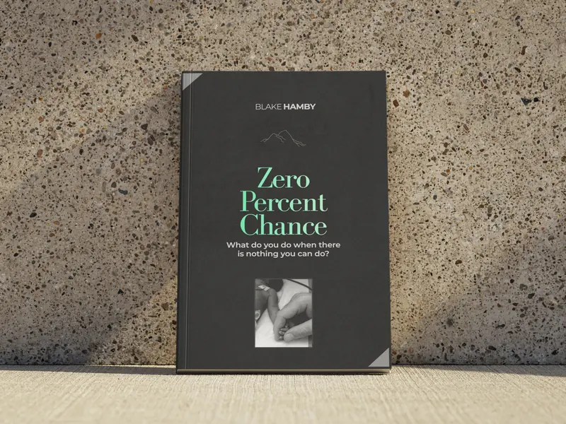 Zero Percent Chance by Blake Hamby, a charcoal paperback with mint lettering, leaning on a stone wall